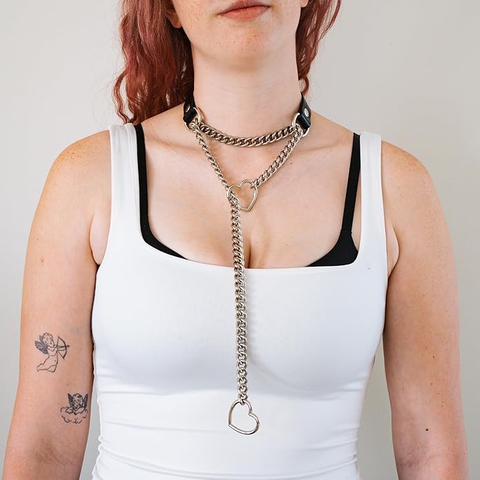 Handmade Black Heart Choker Collar For Women, Punk Gothic O-ring Slip Chain Necklace with Adjustable Vegan Leather Buckle