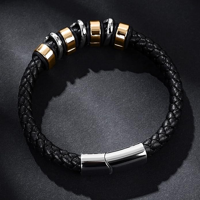 Leather Bracelet for Men Braided Cuff Wristband Stainless Steel Clasp in Silver and Gold Jewellery Gift