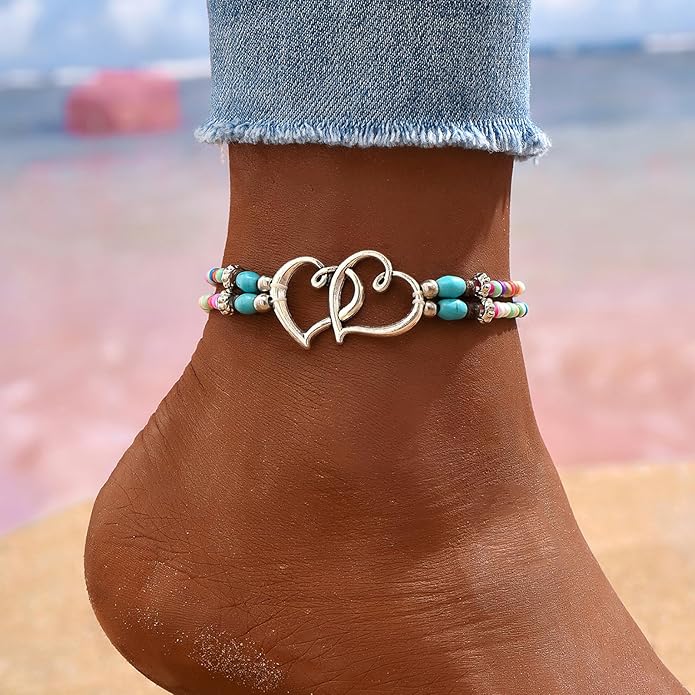 Shell Ankle Bracelet Set for Women, Gold Plated Boho Bead Adjustable Anklet, Hawaiian Beach Seashell Pearl Heart Starfish Conch Foot Jewelry Gifts
