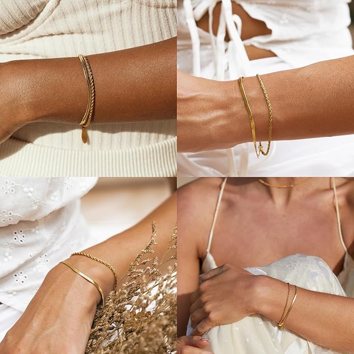 Gold Bracelets for Women Trendy,14K Gold Plated Dainty Stackable Paperclip Cuban Link Chain Bracelets, Simple Cute Cuff Bracelets Jewelry Set Adjustable 7"+2"