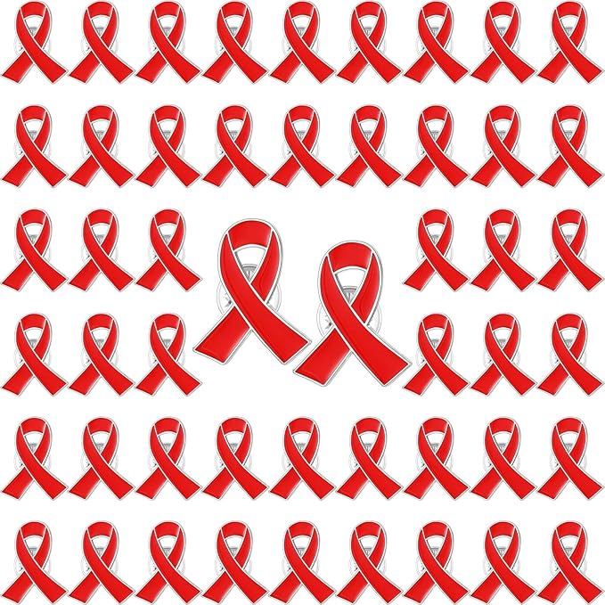 Batiyeer Red Ribbon Awareness Lapel Pin with Individual Package Brooch Hope Pins Cancer Heart Disease Tuberculosis HIV AIDS Awareness Pin for Red Ribbon Week Fundraising Charity Party Favors(50 Pcs)