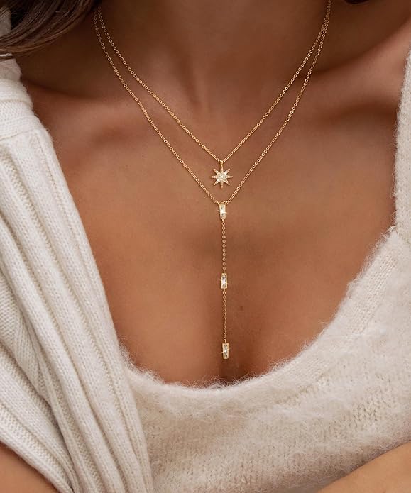 CHESKY Lariat Gold Necklace for Women Trendy, Dainty Long Necklace 14k Gold Plated/Silver Y-Shaped Pendant Necklace Layered Cz Beaded Chain Drop Necklaces Simple Gold Jewelry For Women Gift