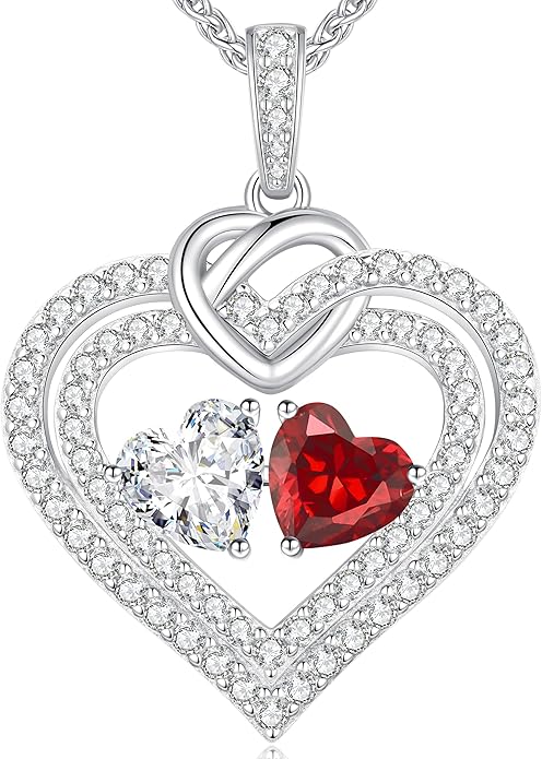 LOUISA SECRET Sparkling Double Heart Birthstone Necklaces for Women, 925 Sterling Silver Fine Jewelry, Pendant Heart Necklaces Birthday Anniversary Christmas Gift for Women Wife Mom Girlfriend Lady