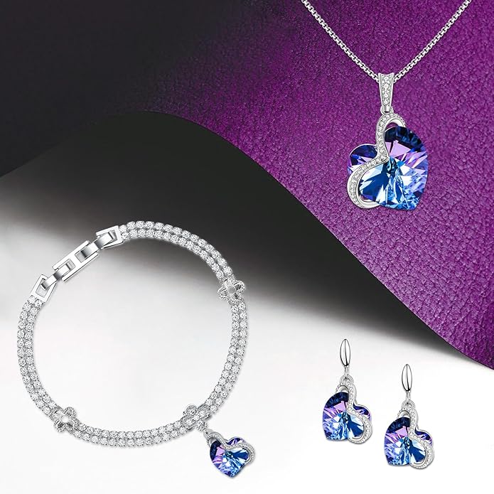 Blissful Heart Crystal Jewelry Sets For Women 18K White Gold Plated Bracelet Necklace and Earrings Sets for Wife Girlfriend or Mothers Idea Gift for Special Women in Life