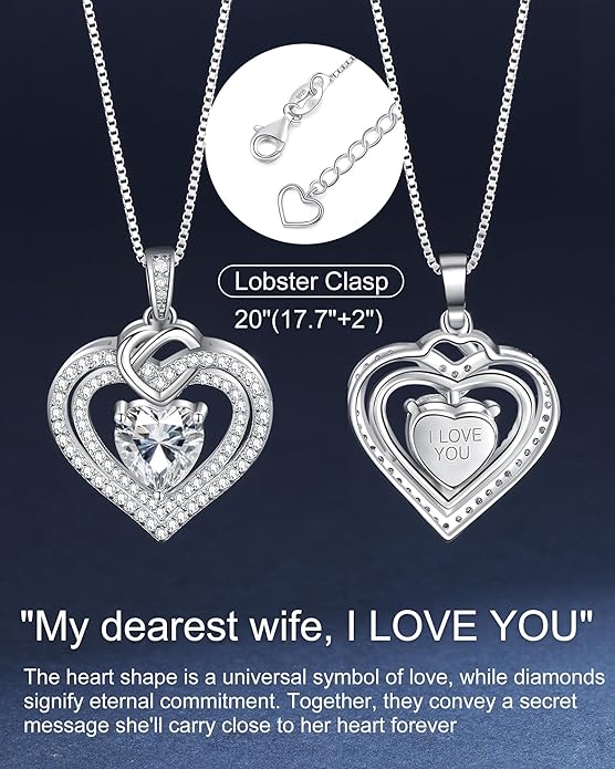 ForeverLove Heart Necklaces for Women, 1-3 Carat Moissanite Necklace Engraved 'I LOVE YOU', Wedding Anniversary Birthday Christmas Valentines Engagements Mothers Day Jewelry Gifts for Mom Wife Her Girlfriend