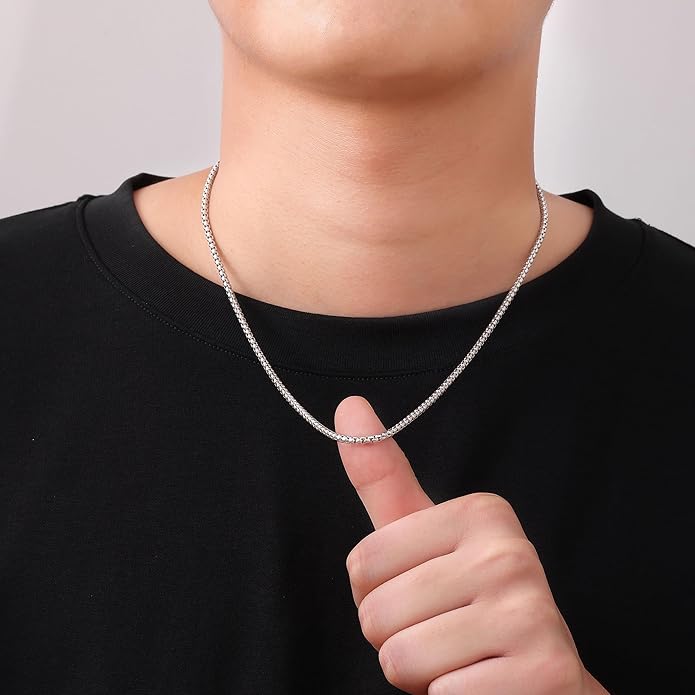 Fiusem Box Chain for Men, Silver Tone/14K Gold Plated/Black Stainless Steel Necklace for Men and Women, Width 2/2.5/3/4/5mm, Length 18-28 Inches