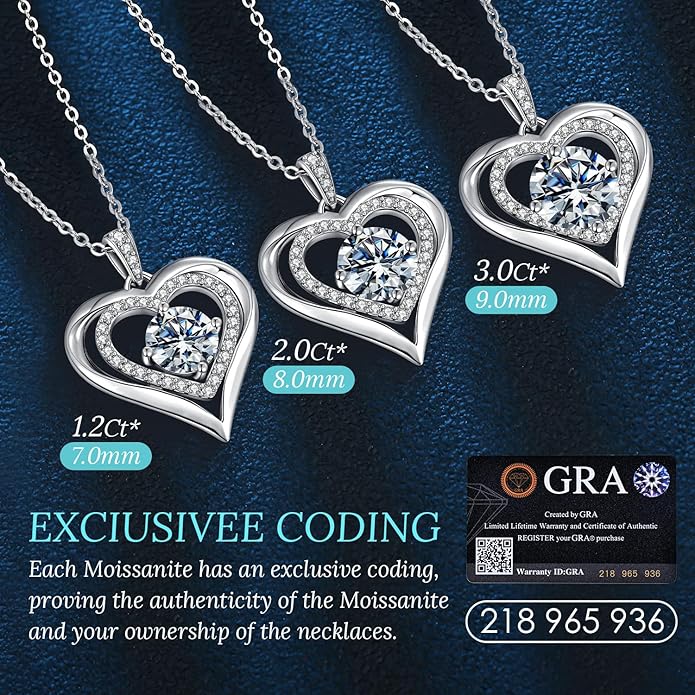 Moissanite Heart Pendant Necklaces for Women, 925 Sterling Silver Necklace Engraved with 'I LOVE YOU', Ideal Anniversary Birthday Christmas Valentine Mothers Day Jewelry Gifts for Mom Wife Girlfriend Daughter Her