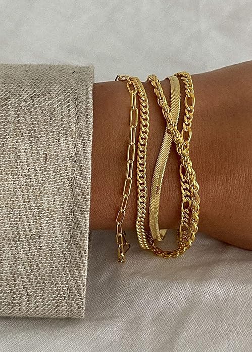 DEARMAY 14K Gold Plated Bracelets for Women, Jewelry Sets Cute Tennis Beaded Bracelets Cuban Link Paperclip Chain Dainty Bracelet Pack Gifts