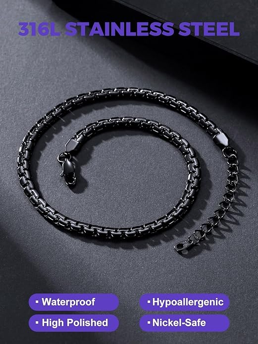 Richsteel Stainless Steel Mens Flat Link Chain Necklace, Black/Gold/Steel Chain for men, 2mm/4mm/6mm Width, No Tarnish & Hypoallergenic Hip Hop Jewelry, 18"-30" Length