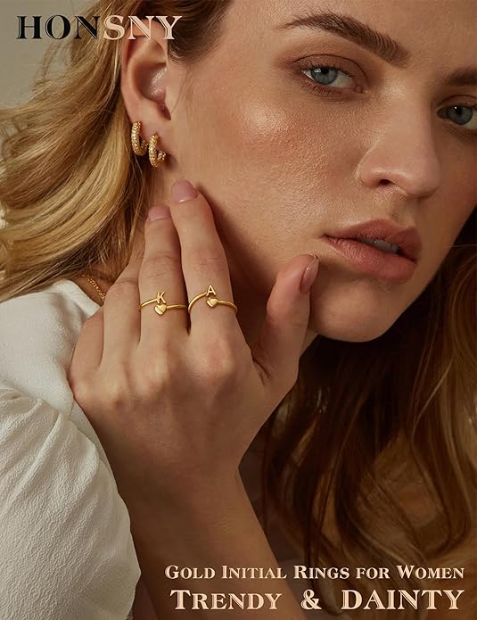 Honsny Gold Initial Rings for Women Non Tarnish 18K Gold Plated Heart Initial Stackable Rings Adjustable Pinky Rings for Women Cute Dainty Alphabet Capital Letter Rings Jewerly Gift