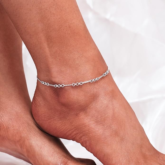 CHIC & ARTSY 925 Sterling Silver Ankle Bracelet Multilayer Anklets for Women Satellite, Star, Cross, Circle, Butterfly, Teardrop, Oval Disk Layered Anklet Beach Jewelry