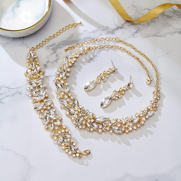 BriLove Women's Wedding Bridal Austrian Crystal Marquise Cluster Collar Necklace Dangle Earrings Set