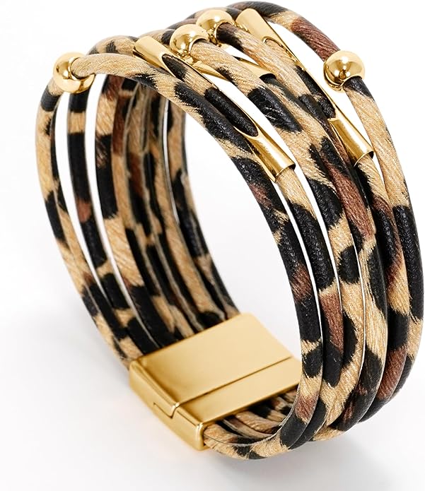 Fesciory Leather Wrap Bracelets for Women, Boho Leopard Multi-Layer Crystal Beads Cuff Bracelet Jewelry
