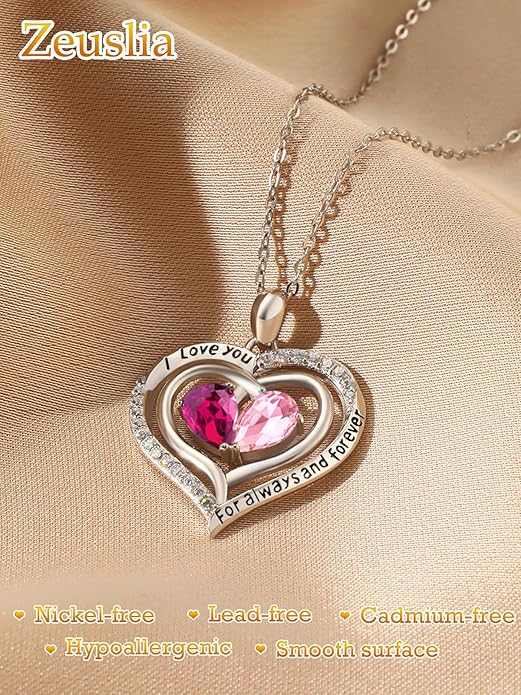 Zeuslia Double Birthstone Necklace Gifts for Wife - 925 Sterling Silver Sunflower/Rose/Crown Cross/Compass/Heart Pendant I Love You Necklace, Anniversary Birthday Gifts for Wife Girlfriend Mom Her