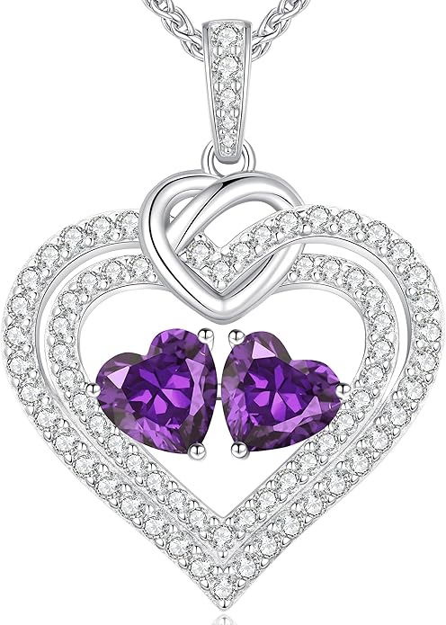 LOUISA SECRET Sparkling Double Heart Birthstone Necklaces for Women, 925 Sterling Silver Fine Jewelry, Pendant Heart Necklaces Birthday Anniversary Christmas Gift for Women Wife Mom Girlfriend Lady