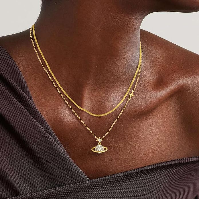 Copper Alloy 14K Gold Plated | 14K Platinum Plated Necklace for Women Double Layer Pendant Necklace Fashionable Multi-Layer Jewelry