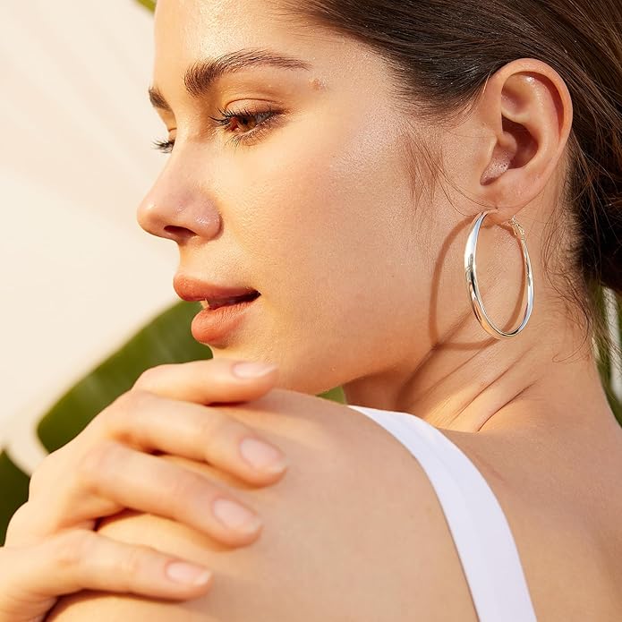 PABBEU S925 SterlingSilver Hoop Earrings Hypoallergenic Silver Hoop Earrings for Women Lightweight Large Sterling Silver Hoops Earring 30/50/70mm