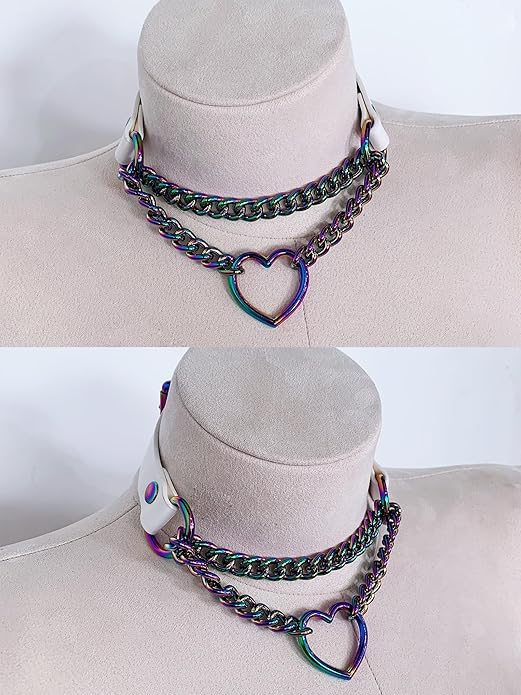 Black/Pink Leather Choker Necklace For Women, Handmade Adjustable Chain Collar with Metallic Heart Ring