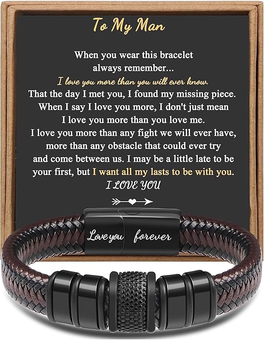𝐆𝐢𝐟𝐭 𝐟𝐨𝐫 𝐌𝐞𝐧 Braided 𝐋𝐞𝐚𝐭𝐡𝐞𝐫 𝐁𝐫𝐚𝐜𝐞𝐥𝐞𝐭 for Men Dad Husband Boyfriend Son Grandson Brother Stainless Steel Clasp Engraved with Love You Forever Jewelry Birthday Gift 7.5 8.5 9 Inch