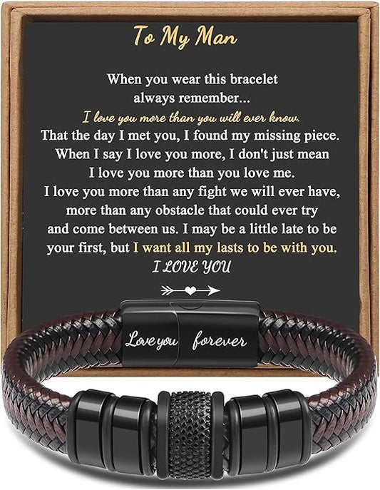 𝐆𝐢𝐟𝐭 𝐟𝐨𝐫 𝐌𝐞𝐧 Braided 𝐋𝐞𝐚𝐭𝐡𝐞𝐫 𝐁𝐫𝐚𝐜𝐞𝐥𝐞𝐭 for Men Dad Husband Boyfriend Son Grandson Brother Stainless Steel Clasp Engraved with Love You Forever Jewelry Birthday Gift 7.5 8.5 9 Inch