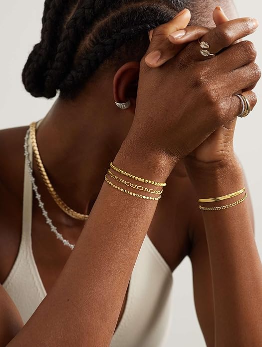 DEARMAY 14K Gold Plated Bracelets for Women Waterproof, Jewelry Sets Trendy Thin Dainty Stackable Cuban Link Paperclip Chain Bracelet Pack Fashion Accessories Gifts for Womens