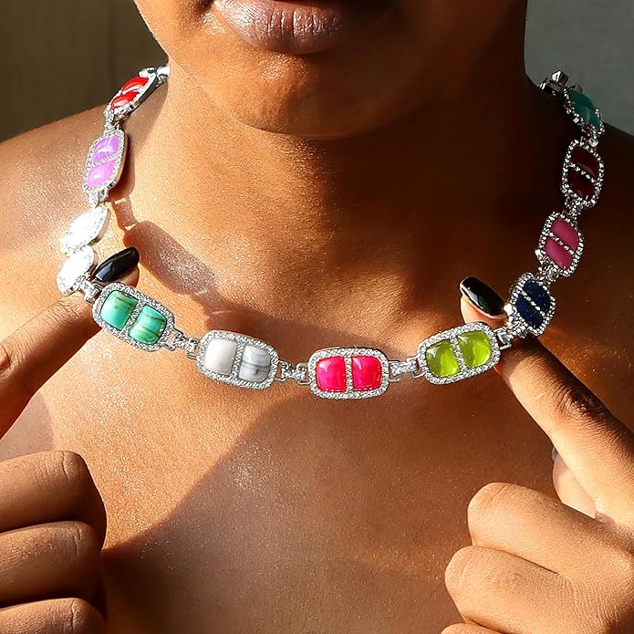 Chunky Necklace for Women 12 Colors Diamond Stone Gold Statement Necklace for Women Full Trendy Blue Birthstone Choker Necklace for Women Square Design Necklace Jewelry