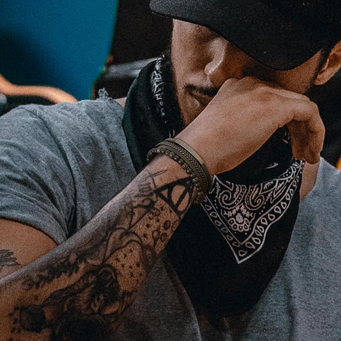 Mens Tiger Eye Matee Black Onyx Lava Rock Volcanic Stone Beaded Bracelet, Black Braided Leather Bracelet for Men