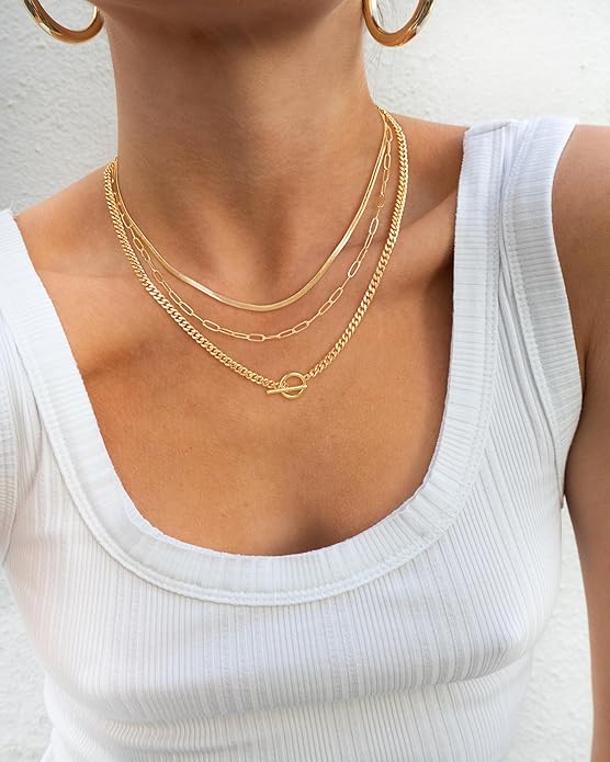 CHESKY 14K Gold Plated Layered Herringbone Necklaces for Women, Trendy Paperclip Snake Chain Necklace Cuban Link Simple Chunky Toggle Clasp Necklace Set Fashion Jewelry