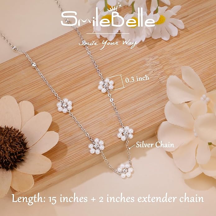 SmileBelle Pearl Necklaces for Women, Daisy Pearl Choker as Y Shaped Pearls Jewelry Gold Heart Necklace for Anniversary Birthday Gifts White Baroque Necklace as Wedding Jewelry