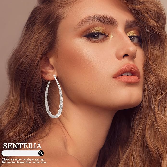 Senteria Sterling Silver Hoop Earrings - Medium, Lightweight, Thick Twist Oval Hoops