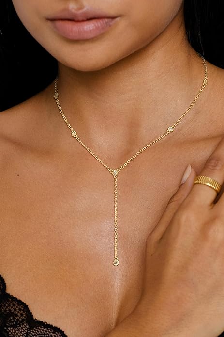 Lariat Gold Necklaces for Women Trendy Dainty Long Necklace 14k Gold Plated/Silver Layered Drop Beaded Chain Necklaces Y-shaped Pendant Necklace Simple Gold Jewelry Gifts