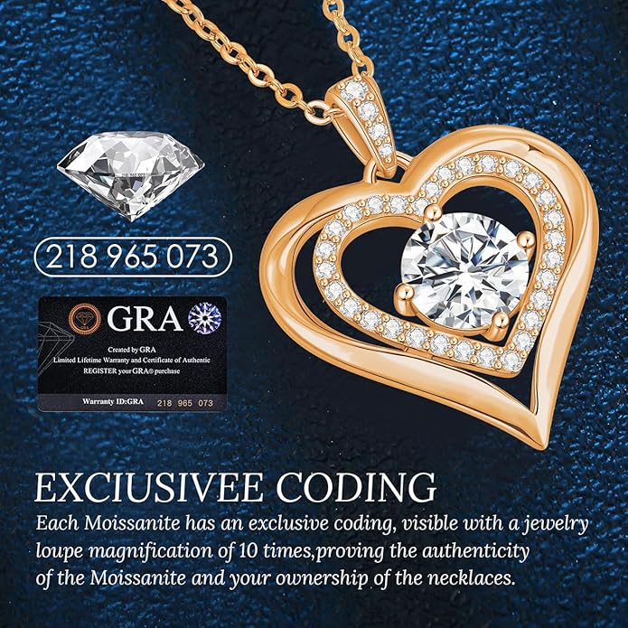 Moissanite Heart Pendant Necklaces for Women, 925 Sterling Silver Necklace Engraved with 'I LOVE YOU', Ideal Anniversary Birthday Christmas Valentine Mothers Day Jewelry Gifts for Mom Wife Girlfriend Daughter Her