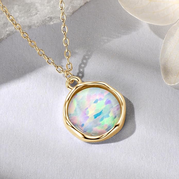 YUNKAI Opal Necklaces for Women Sterling Silver, Pear/Round/Oval Created-Opal Pendants, Dainty Vintage Necklace Fine Jewelry Gift for Birthdays Anniversaries, October Birthstone Pendant