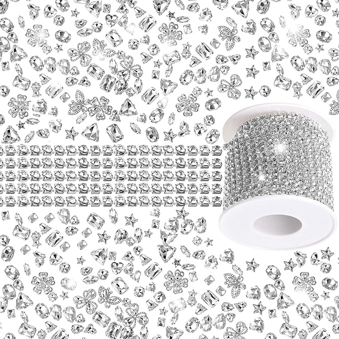 Suncalla 156 Pcs Sew on Crystal Rhinestone with Chain Trim Brooch Pin Mixed Shapes Set for Jewelry Clothe DIY Crafts Tabletop Scattered Crystals Vase Fillers Wedding Decor (Classic Rhinestone)