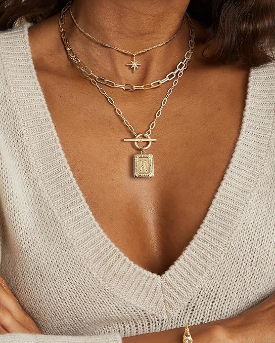 MJartoria Layered Initial Necklaces for Women Trendy, 14K Gold Plated Brass Simple Star Choker Square Letter Pendant Necklace, Paperclip Chain Necklaces Jewelry Gifts