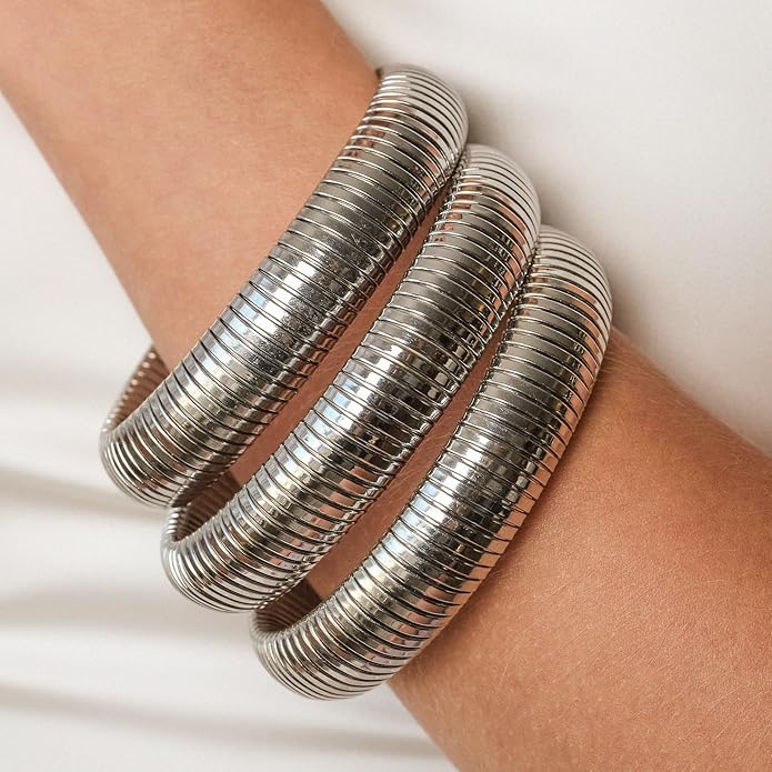 Ettika Gold Bangles For Women. Chunky Gold Bracelets, Set of Womens Bracelets. 3Pcs Flex Snake Chain Stretch Gold Tone Or Rhodium Plated Bangles