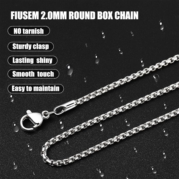 Fiusem Box Chain for Men, Silver Tone/14K Gold Plated/Black Stainless Steel Necklace for Men and Women, Width 2/2.5/3/4/5mm, Length 18-28 Inches