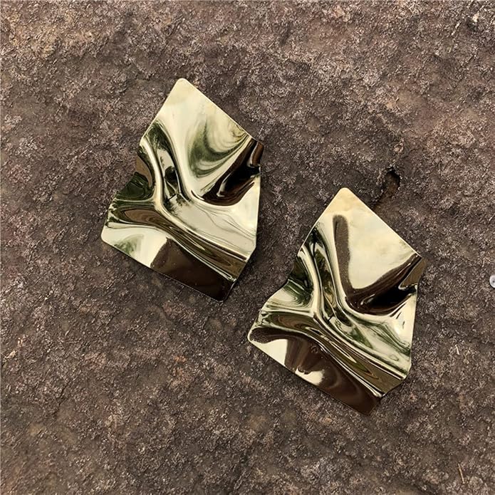 Statement Geometric Square Earrings for Women,14K Gold Plated Large Fashion Texture Irregular Minimalism Earrings,Trendy Ripple Boho Drop Dangle Earrings,Metal Modern Rectangle Retro 80s Jewelry
