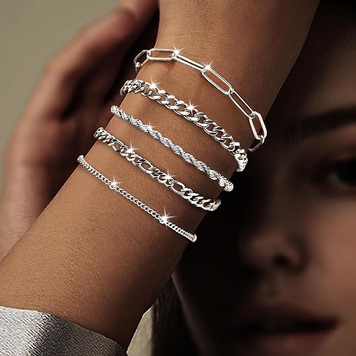 Gold Bracelets for Women Non Tainish,Dainty Bracelets Stack for Women Trendy, Gold Plated Cuff Bracelets Stack With Beaded Cuban Paperclip Snake Rope Bangle Hand Chain Jewelry Gifts for Women