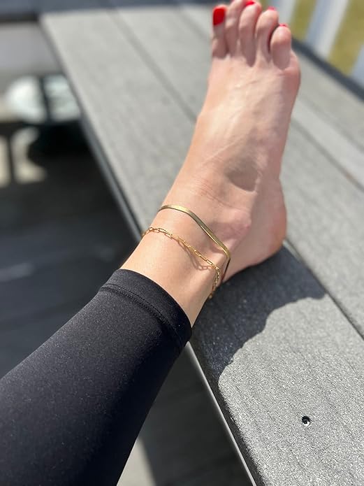 DEARMAY 14K Gold Plated Ankle Bracelets for Women Waterproof - Dainty 6Pcs Anklets Layered Cuban Link Chain Herringbone Cute Anklets Set Pack Summer Beach Jewelry Gift for Women Teen