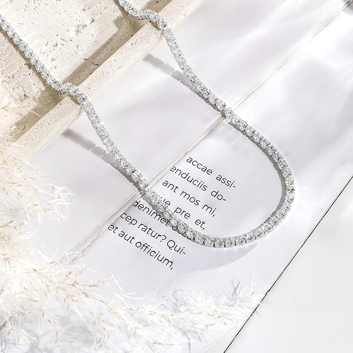 Tennis Necklace for Women, 14K Gold/Silver Plated Rhinestone Choker Necklaces for Women, Dainty Cubic Zirconia Cut Faux Diamond Chain
