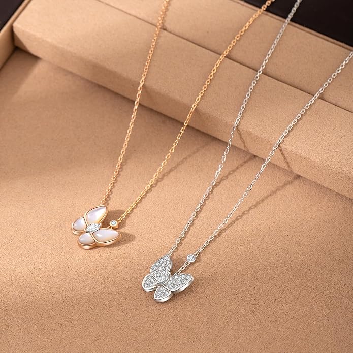 18K Rose Gold Sterling Silver Butterfly Necklace for Women, Mother of Pearl Pendant Necklace, Valentines Day Gift for Her, Wife, Mom, Gift Ready in Elegant Jewelry Box