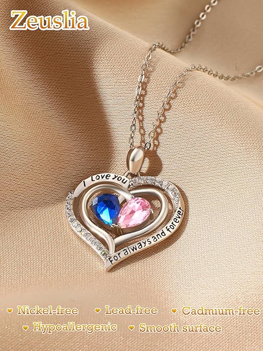 Zeuslia Double Birthstone Necklace Gifts for Wife - 925 Sterling Silver Sunflower/Rose/Crown Cross/Compass/Heart Pendant I Love You Necklace, Anniversary Birthday Gifts for Wife Girlfriend Mom Her