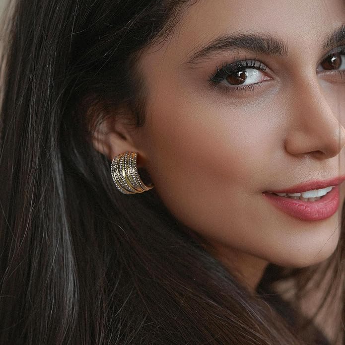 Two Tone Earrings for Women Gold and Silver Crossover Half Hoop Statement Earring Designer Stud Earrings