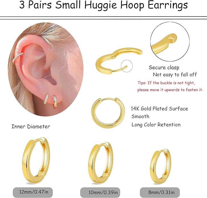 micuco 3 Pairs Small Hoop Earrings Set for Women, 14K Gold Plated Huggie Hoop Earrings for Men, Tiny Cartilage Hypoallergenic Earring Set