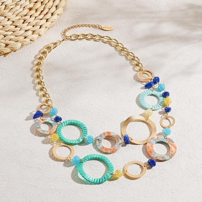 Bocar Layered Collar Necklace Statement Circle 2 Strand Chain Jewelry Necklaces Trendy for Women Gift