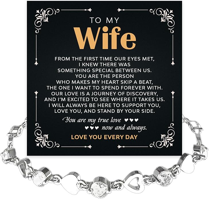 To My Wife Crystal Heart Bracelet Gift From Husband, Beautiful Wife Jewelry For Anniversary, Birthday, Christmas, Valentine’s Day, Bracelet For Her With Heartfelt Message & Elegant Box
