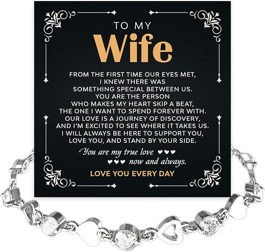 To My Wife Crystal Heart Bracelet Gift From Husband, Beautiful Wife Jewelry For Anniversary, Birthday, Christmas, Valentine’s Day, Bracelet For Her With Heartfelt Message & Elegant Box