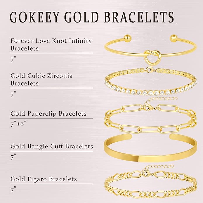 Gold Bracelets for Women Non Tarnish, 14K Gold Plated Chunky Cuff Bracelet Gold Bangles Bracelet for Women Trendy Tie Knot Cuban Rope Paperclip Beaded Bracelet Stack Jewelry Gifts