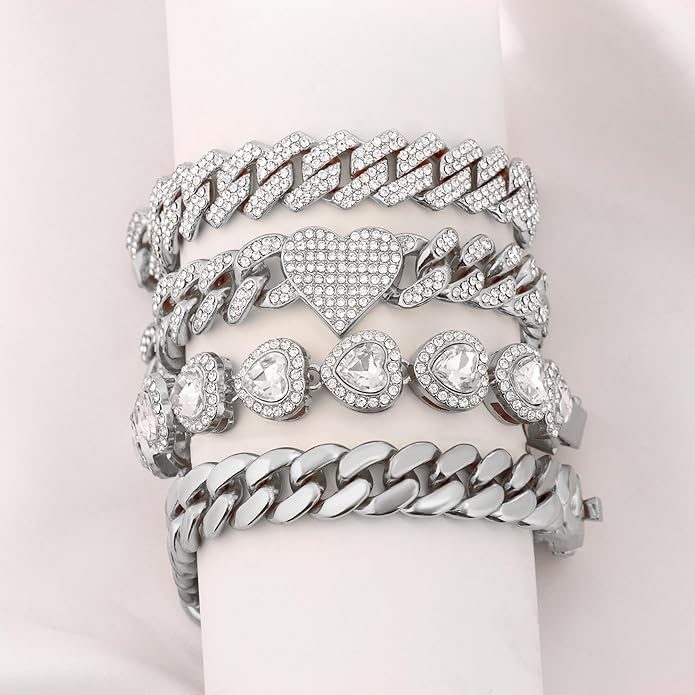 shopbyskyler 4PCS Gold Bracelets for Women Silver Clustered Tennis Bracelet for Women Heart Round Diamond Cuban Bracelet Layered Link Bracelet Set Fashion Jewelry for Women Set